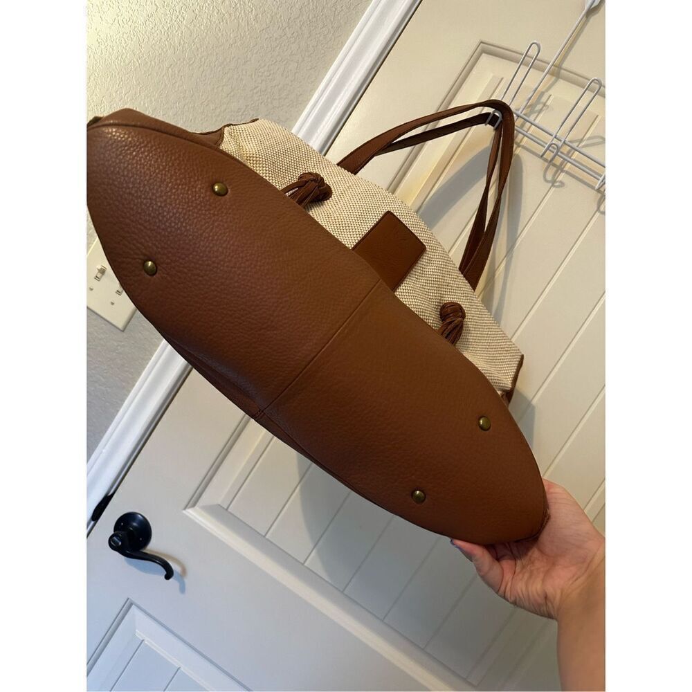 Muxo Camila Alves Leather Linen Woven Cotton Tote Brown Jute Tan Hobo Bag Purse - Picture 7 of 14